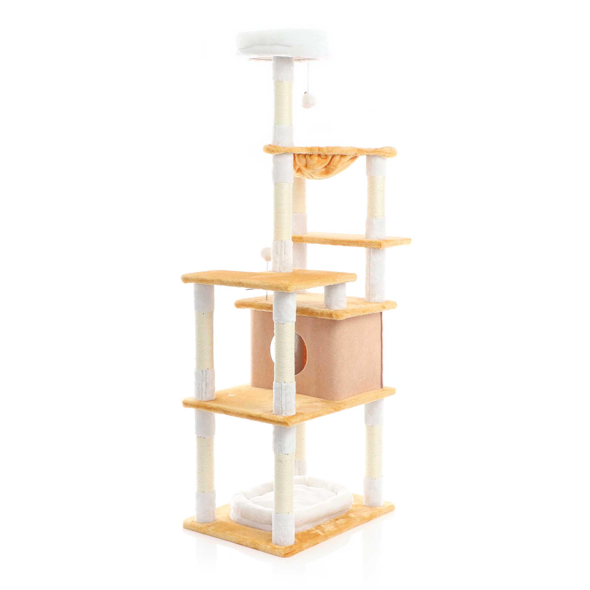 Fudajo Arbre à Chat Blanc/Brun 164cm Poste de grattage avec du sisal, Une Niche/Maison à Chats