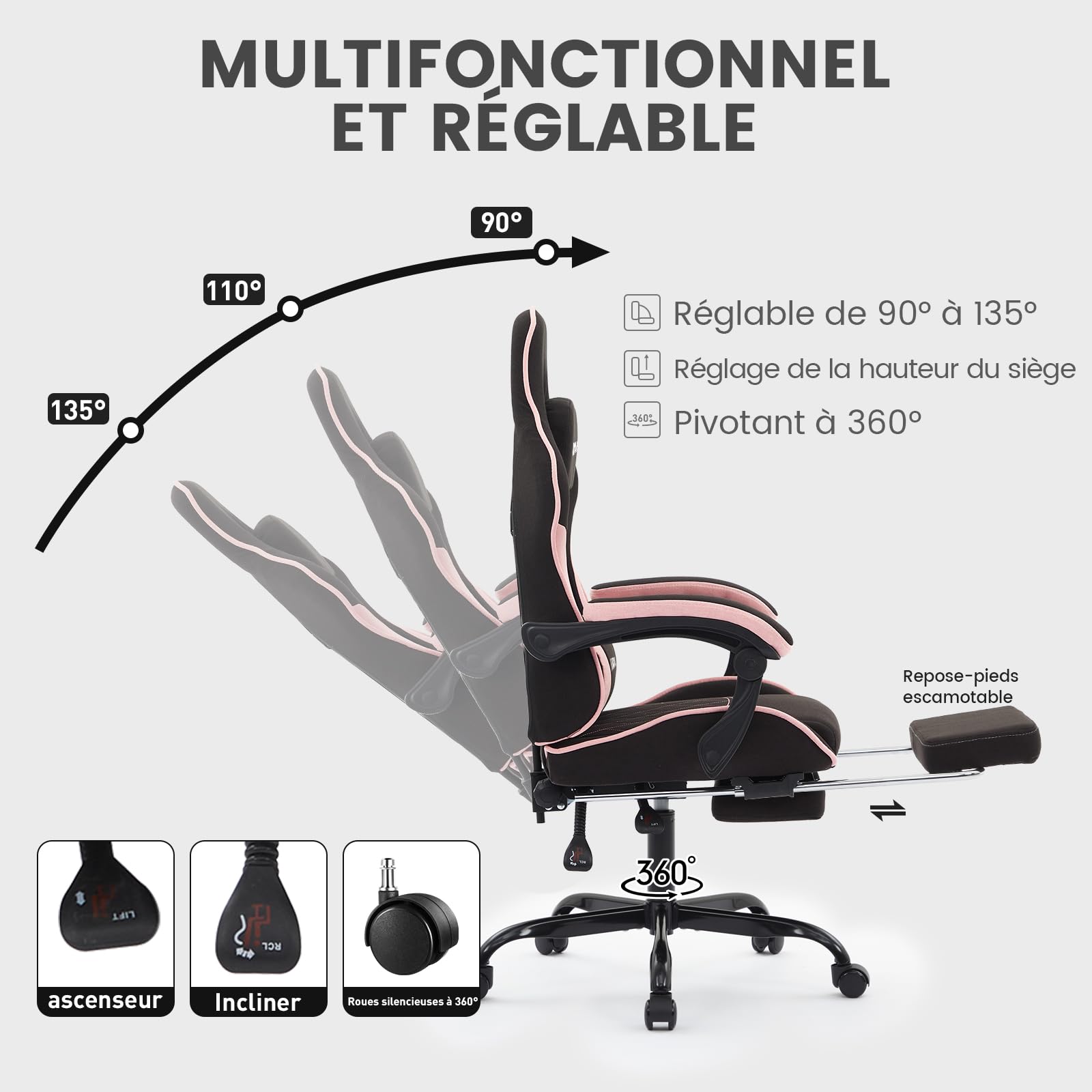 Massage Chaise Gaming Tissu Respirant avec Coussin Lombaire Massant