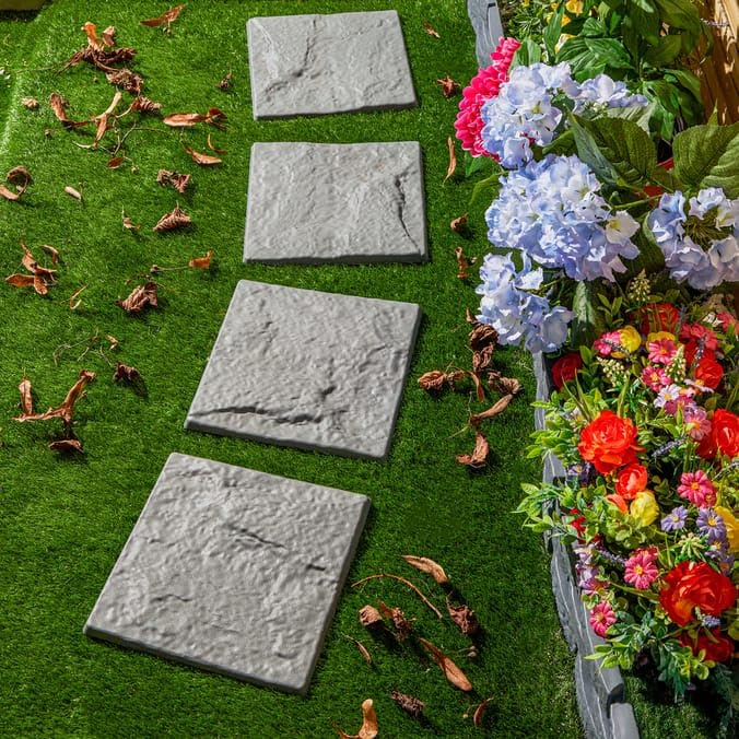 rightclick 4pk Stone Effect Stepping Stone Tiles | Garden Paving Tiles | Garden Pathway | Plastic Patio Block Stepping Stones | Square Stomp Stone for Home Garden & Walkway Easy to Clean (30x30cm)