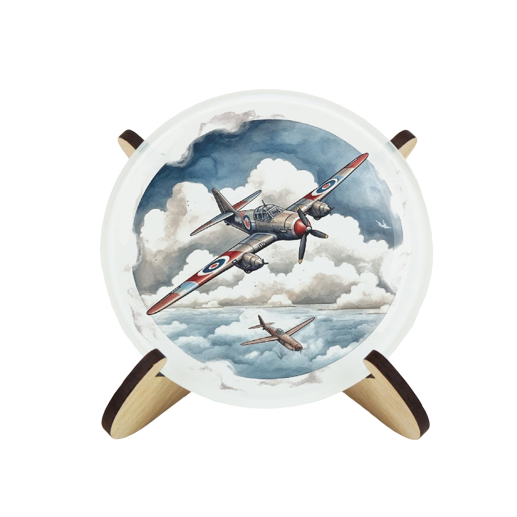 Purely Home Vintage Planes Coaster Set - Round Glass Ww2 Fighter Jets Aviation Gift - Set Of Four (4) Drinks Coasters & Wood-Effect Stand