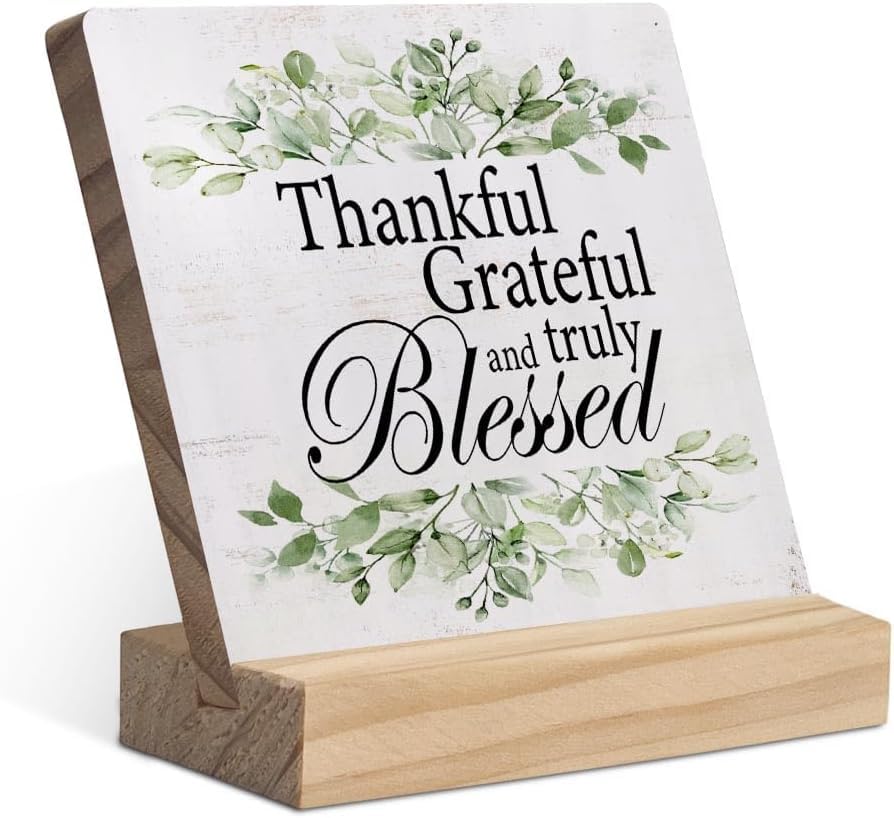Sarvada Decor Thankful Grateful Blessed Greenery Wood Plaque with Wooden Stand,Rustic Positive Christian Wooden Plaque Sign Desk Decor for Home Office Church Table Shelf Decoration-image-34