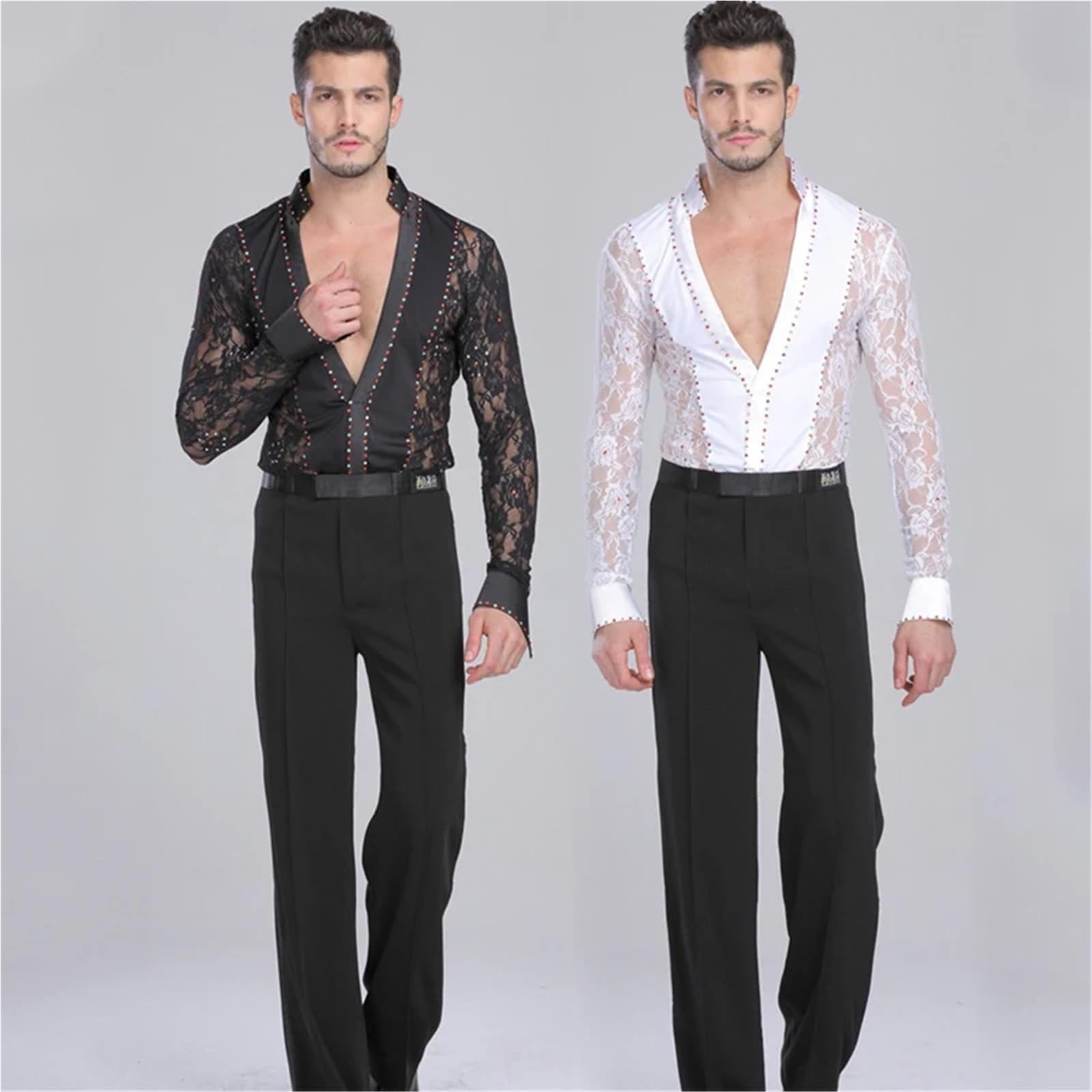 Ropa de Baile Latino for Hombre, con Encaje en Blanco y Negro, for Bailar vals, salón, actuación, Camisas, Tops Pantalones para Hombre, Salsa, Jazz, Danza