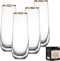 DORELINA Stemless Champagne Flutes Set of 4 Gold Rim - 9oz Lead-Free Crystal Glasses, Dishwasher Safe, Elegant Gift Box