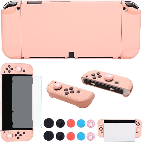 COMCOOL Dockable Case for Nintendo Switch OLED 2021 - Cute Protective Cover Accessories for Nintendo Switch OLED and Joy-Con Controller with Screen Protector Thumb Grips - Pink