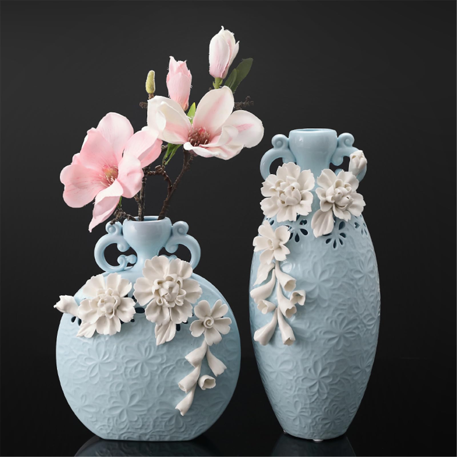 Amazon.co.jp: 水色の陶器の花瓶、卓上花瓶立体的な白い花の装飾が施