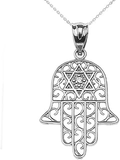 14k White Gold Hamsa Hand With Star of David Diamond centered Pendant Necklace