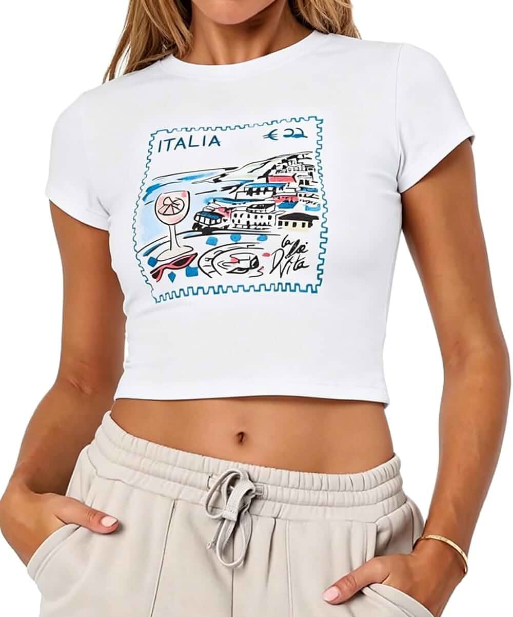 Y2k Graphic Baby Tees Women Teen Girl Fruit Print Crop Top Short Sleeve Slim Fit Vintage Aesthetic T Shirt Clothes Short Sleeve