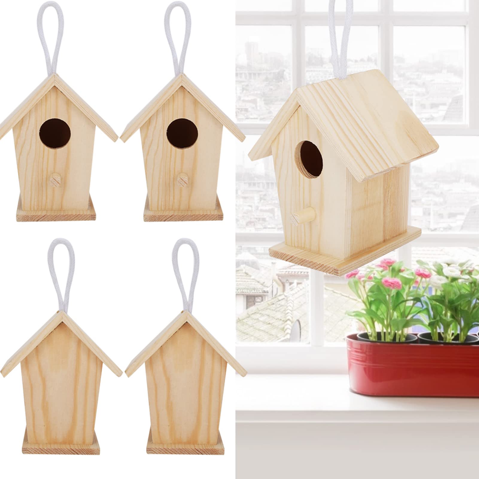 Casas de Pájaros de Madera, 4 Piezas Mini Nidos de Pájaros Colgantes Adornos Juego de Manualidades de Pintura de Bricolaje para Niños, Casa de Pájaros de Madera Sin Terminar para Jardín Al Aire Libre