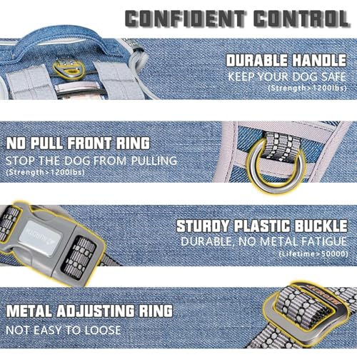 Image of Auroth Tactical Dog Training Harness No Pulling Front Clip Leash Adhesion Reflective K9 Pet Working Vest Easy Control for Small Medium Large Dogs Denim Blue S
