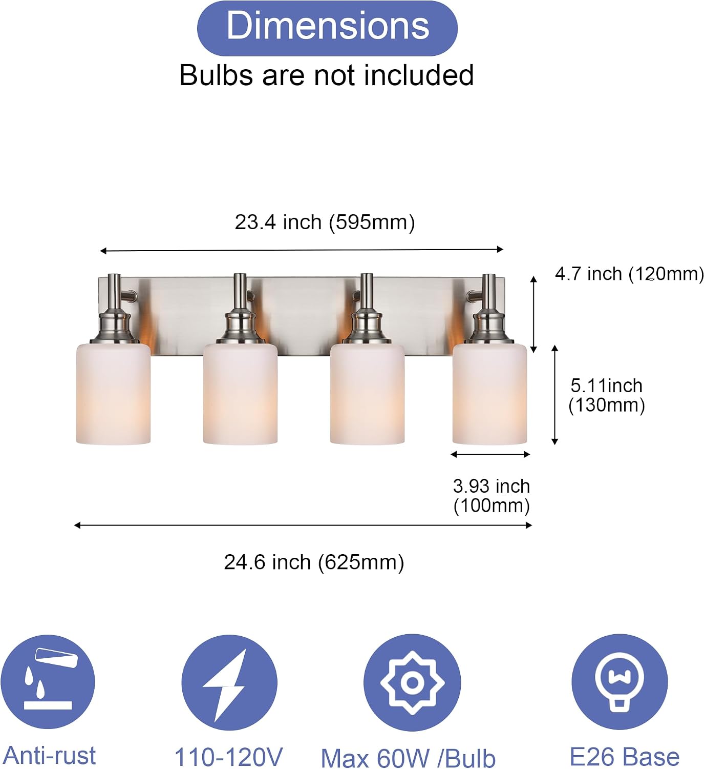 Brushed Nickel Bathroom Lighting Fixtures Over Mirror 4 Light Bathroom Vanity Light with Opal White Glass Shade, Modern Wall Sconces Lighting Vanity Fixtures for Bedroom Living Room
