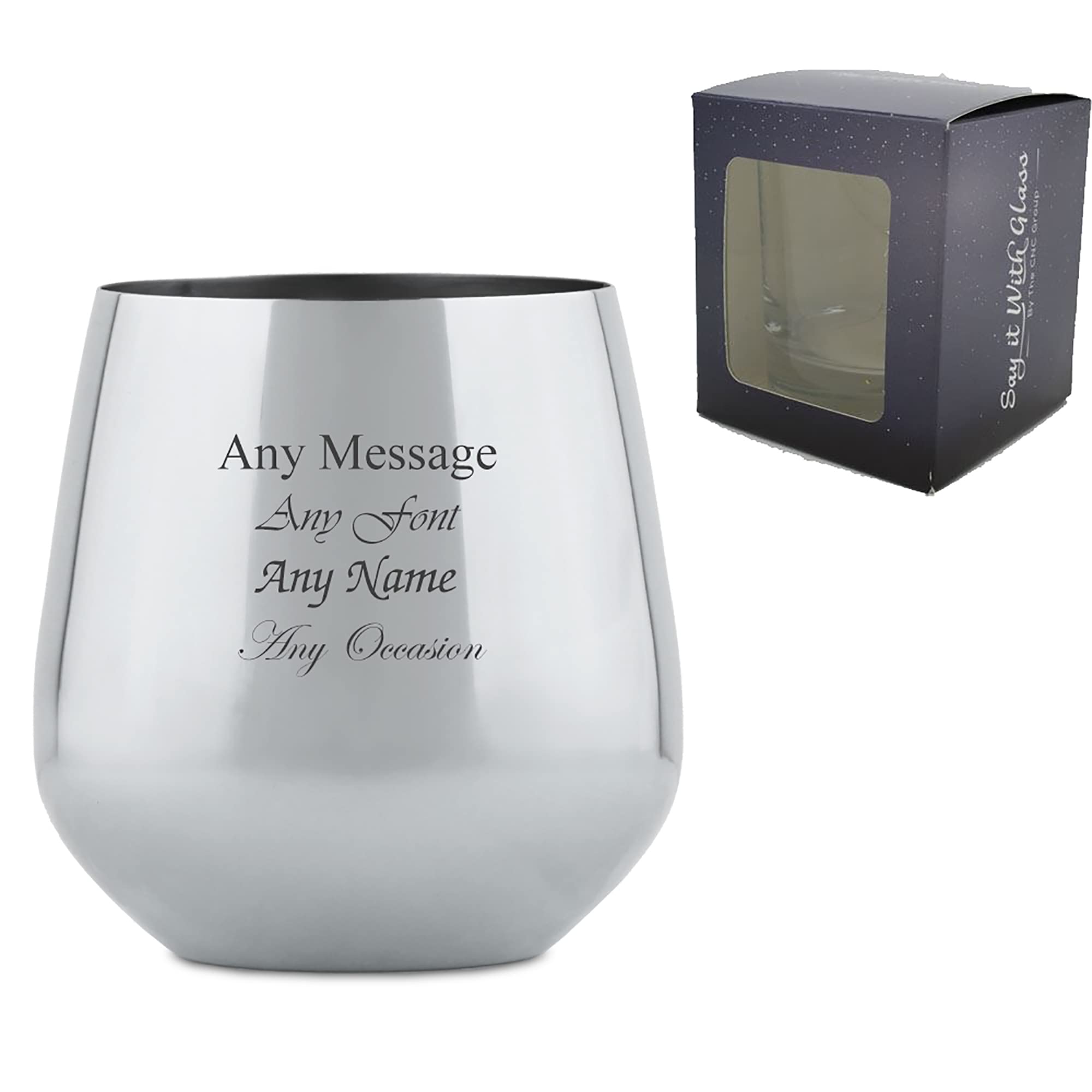 Vaso de vino plateado de metal grabado personalizable, personalizable con cualquier mensaje para cualquier ocasión, estiliza con una variedad de fuentes, caja de regalo incluida, grabado con láser