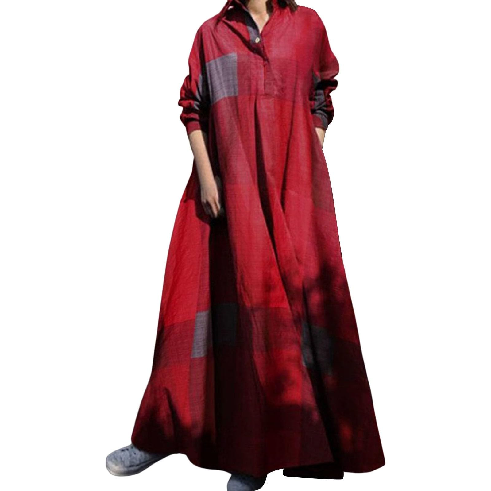 Robe en lin de coton ethnique rouge avec imprimé rétro chic et manches amples
