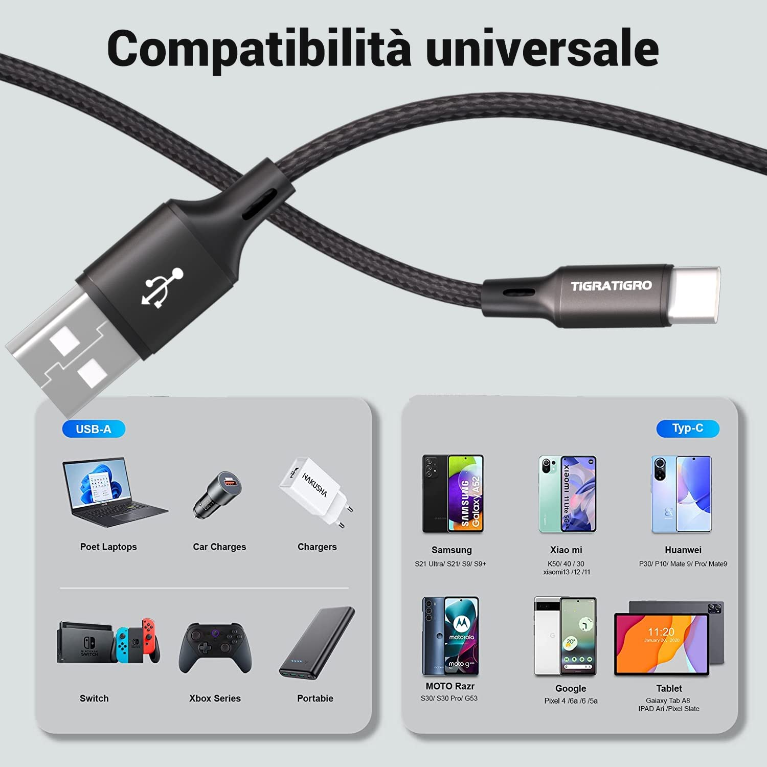 tigratigro Cavo USB C, [2M] Cavo USB Type C QC 2.0 Nylon Ricarica Rapida per iPhone 16/15,iPad Pro Air,Samsung,Redmi,Huawei,Xiaomi,Google,Pixel, PS5, Drone, ecc