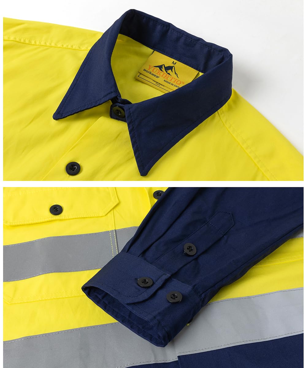 Camicia Uomo da Lavoro Meccanico Polo a Maniche Lunghe Abbigliamento da Lavoro ad Alta visibilità Camice Blu Divisa da Lavoro con 2 Tasche