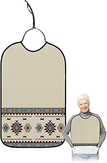 Kewadony Adult Bibs for Elderly Women - Southwestern America Waterproof Dining Clothing Protectors with Crumb Catcher for Eating/Feeding, Ethnic Tribal Geometric Ethnic Vintage Terry Cloth Bib