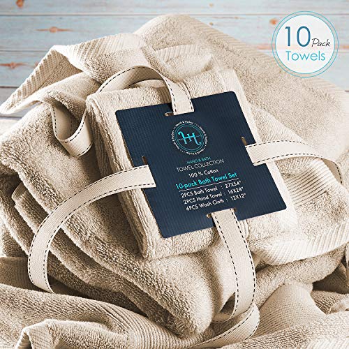 Image of Hearth & Harbor Bath Towels for Bathroom - 100% Ring Spun Cotton Luxury Bathroom Towels - Ultra Soft & Highly Absorbent, Bath Towels Set of 10 - Beige Cream