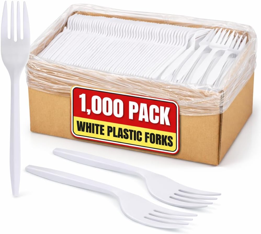 Plastic Forks, Disposable Medium Weight Cutlery, Heavy Duty White, Bulk 1000 Pack