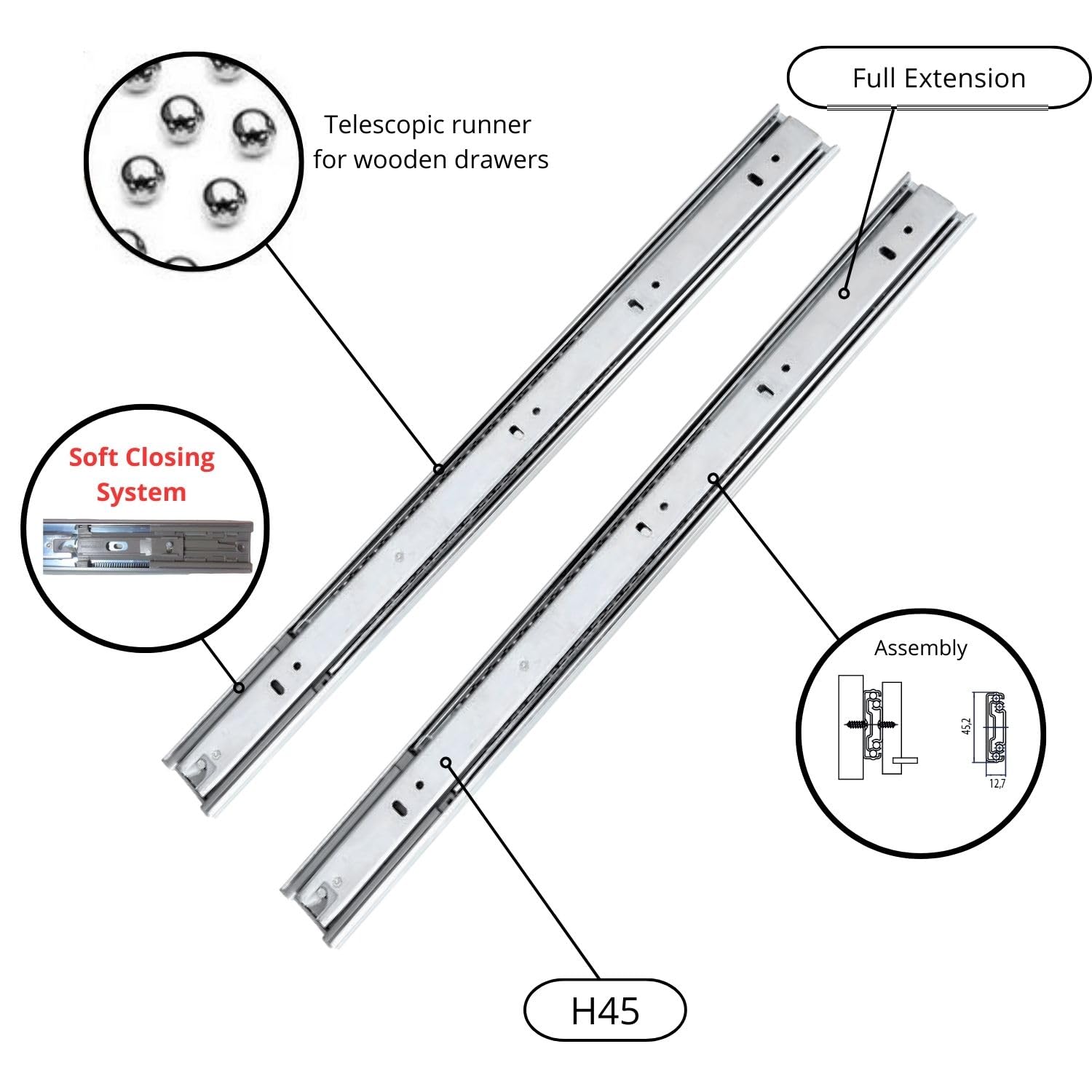 Guide Cassetto A Sfere EVOTRADE - Estrazione Totale 400mm Portata 50kg Per Mobili