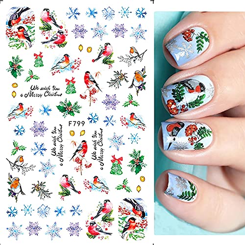 Christmas Nail Art Stickers Winter Nail Art Self-Adhesive Decals Snowflake Elk Blue Leaves Birds Christmas Tree Pattern Design Xmas Art Supplies For Christmas Acrylic Nails Decorations（5 Sheets） #TOP6