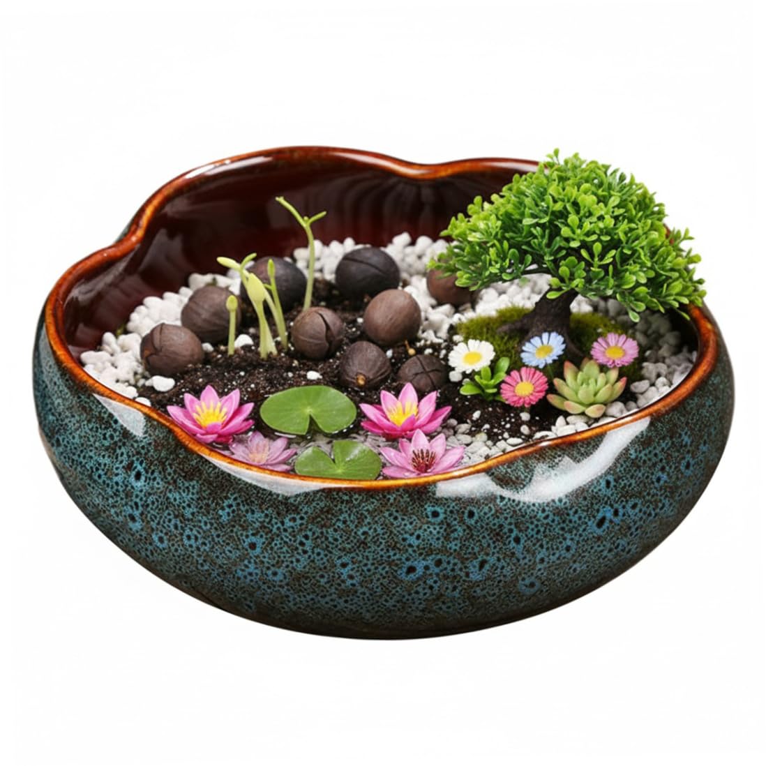 Latemeia 1Pc Ceramic Lotus Bowl Planter For Succulents & Hydroponics, 8 Inch Blue Flower Pot For Indoor Plants, Home Decor, Homeused