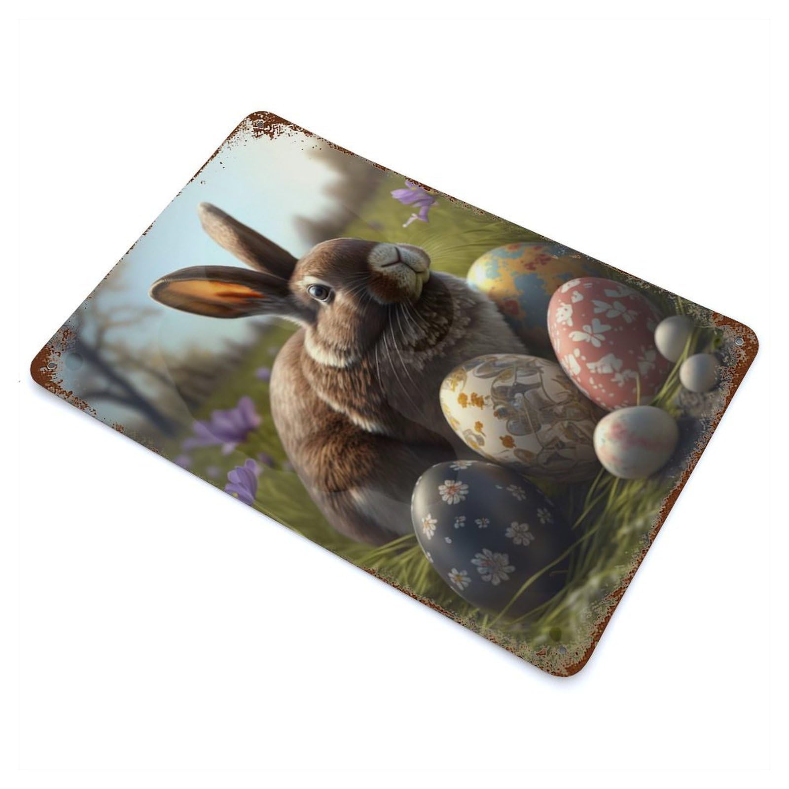 Rustic Tin Plaque Easter Bunny IV 11.8"x7.9", Rustic Home Decor for Office, Studio And Wall Decor