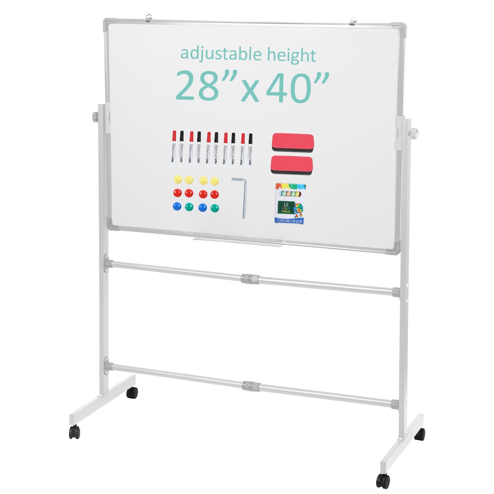 Lavagna bianca mobile su ruote, con supporto, 101 x 71 cm, double-face, reversibile, con cavalletto regolabile in altezza, include 10 pennarelli, 12 magneti, 2 gomme da cancellare, per ufficio e aula