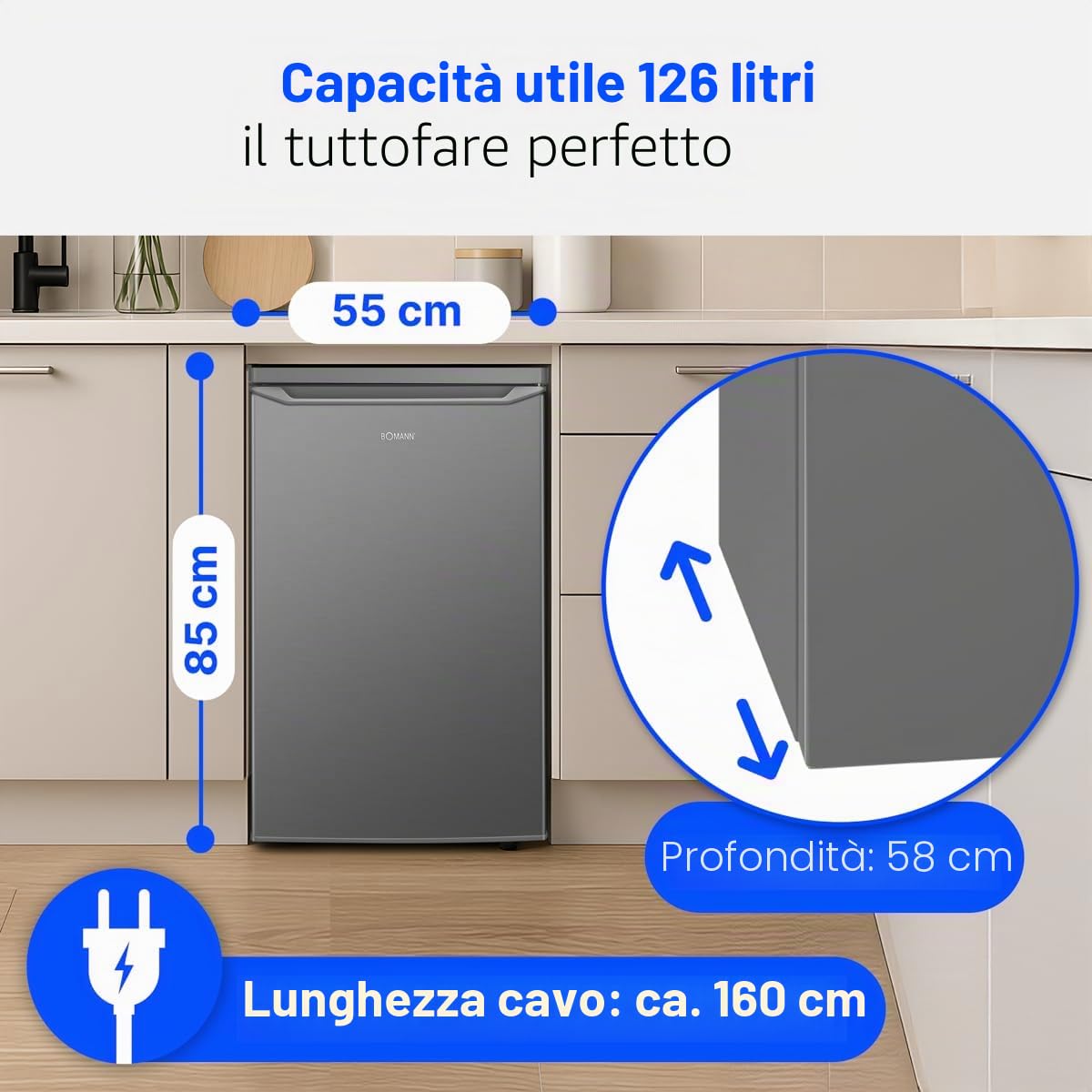 Frigorifero Bomann® senza scomparto congelatore, Classe energetica C, 85 cm, Garanzia compressore di 5 anni, Frigorifero compatto, 0-8 °C, Silenzioso 35 dB, 3 ripiani