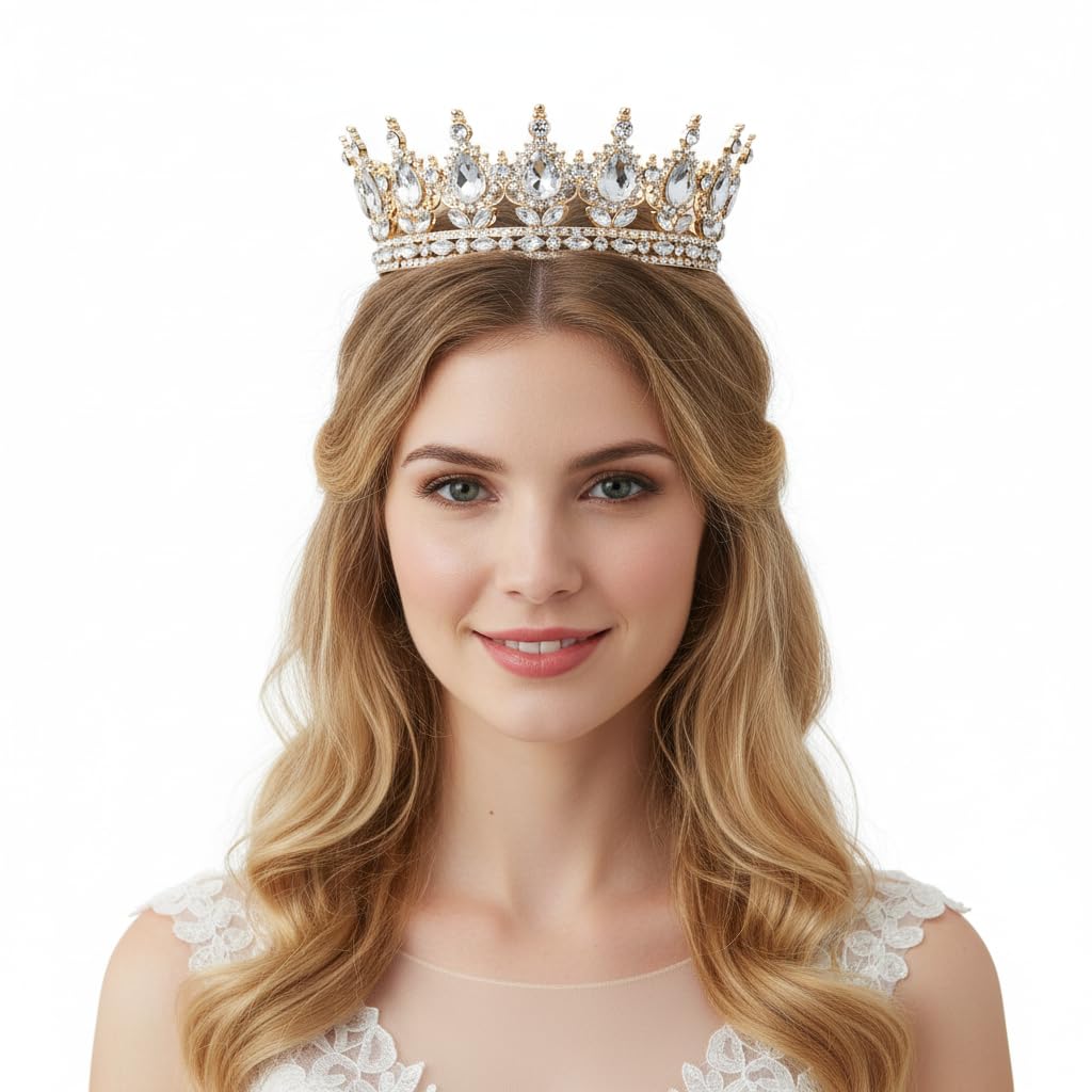 Housoutil Couronne de mariée vintage avec strass en cristal scintillant Diadème de reine Décoration de bijoux scintillante pour les fiançailles de mariage (blanc), 15.00X15.00X5.00CM