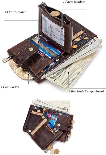 Miniatura 5 de boshiho Billeteras plegables de cuero real con bloqueo RFID para hombre, doble cremallera, bolsillo con cadena antirrobo