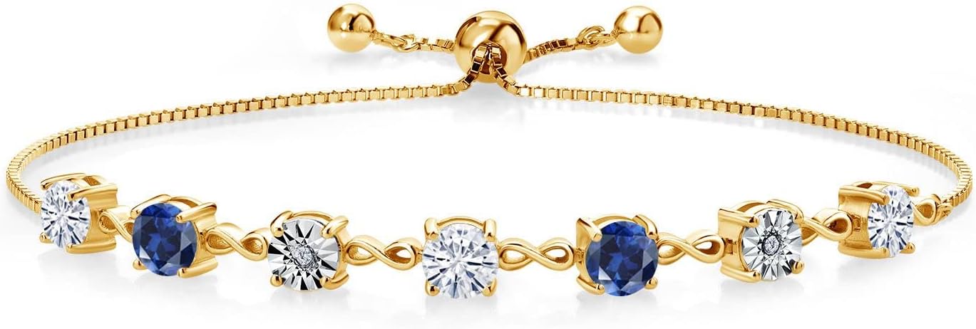 White Moissanite Gemstone Birthstone and Lab Grown Diamond Accent Infinity Tennis Bracelet for Women in 925 Sterling Silver | Round 5MM and 1MM | Adjustable Bolo Up to 9 Inch | Easy-On Easy-Off