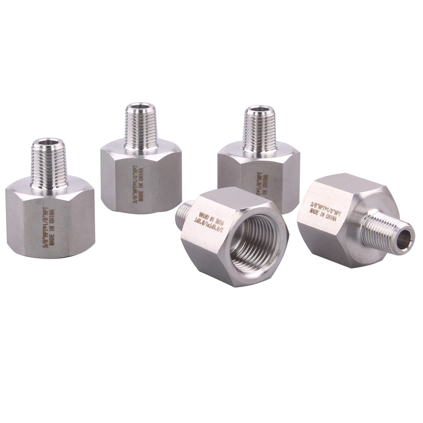 Forged Reducer Adapter Fitting - Stainless Steel 304 Reducing Pipe Connector, 3/8" NPT Female x 1/8" NPT Male (pack of 5)