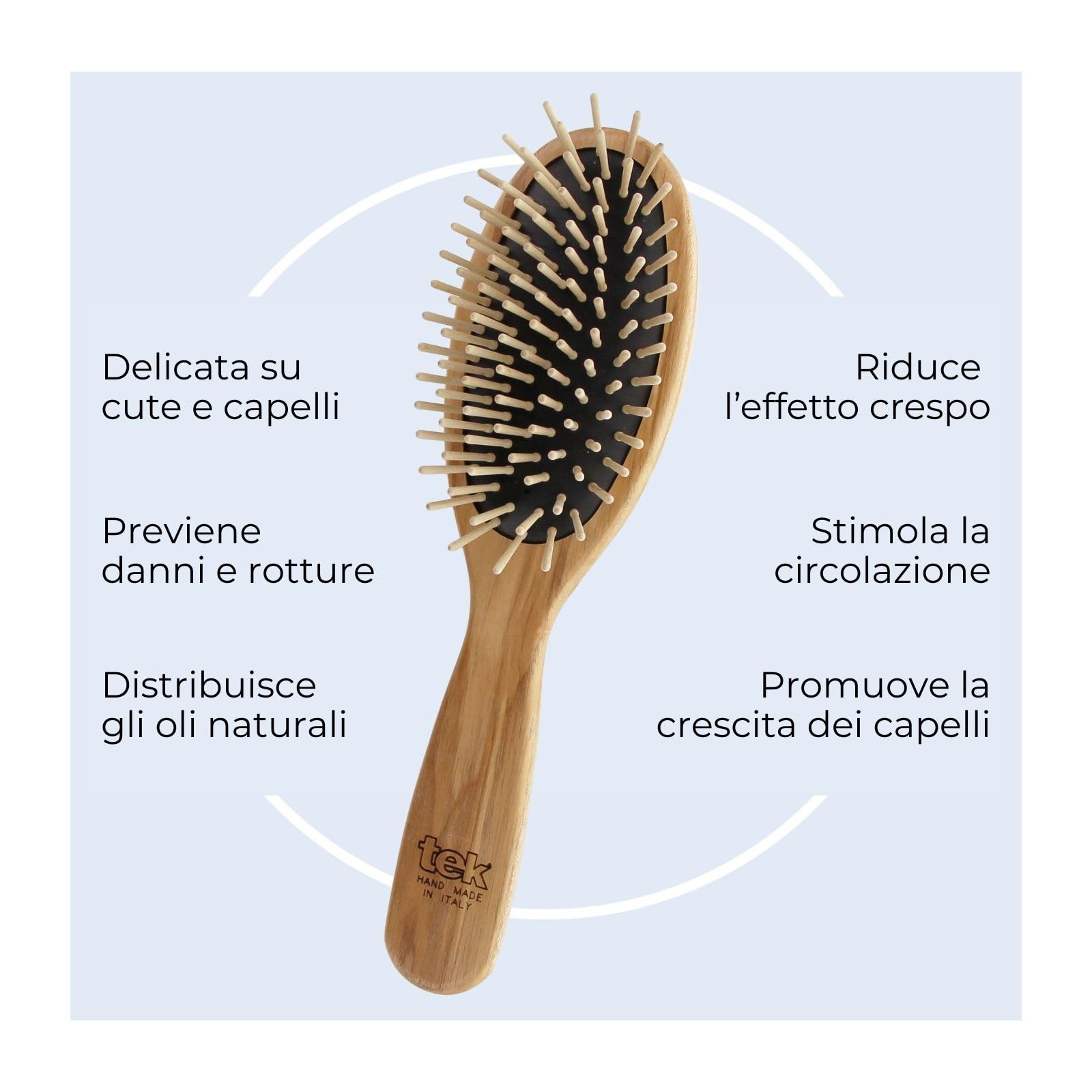 TEK - Spazzola Ovale Grande in Legno di Frassino, Handmade in Italy, con Dente Corto, Universale per Tutti i tipi di Capello - 22 x 6 cm