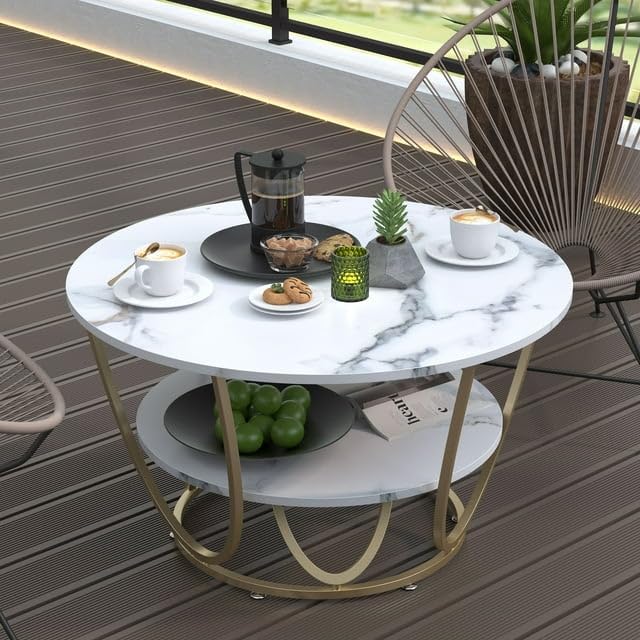 Ereteken ART Round Gold Coffee Table,2 Tier Coffee Tables for Living