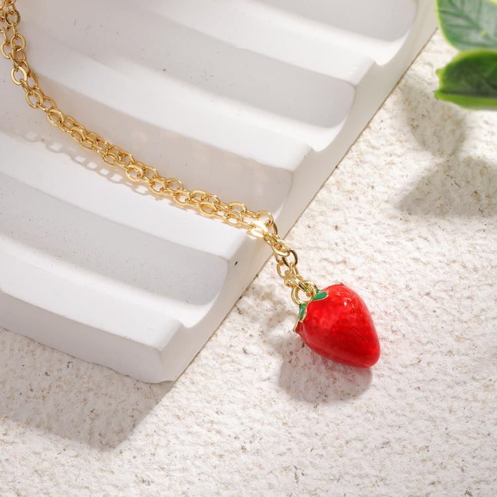 Cute Red Strawberry Fruit Pendant Necklace for Women Sweet Dainty Green Leaves Tropical Food Charm Friendship Adjustable Chain Choker Necklaces Birthday Christmas Jewelry Gift for Daughter BFF - Image 2