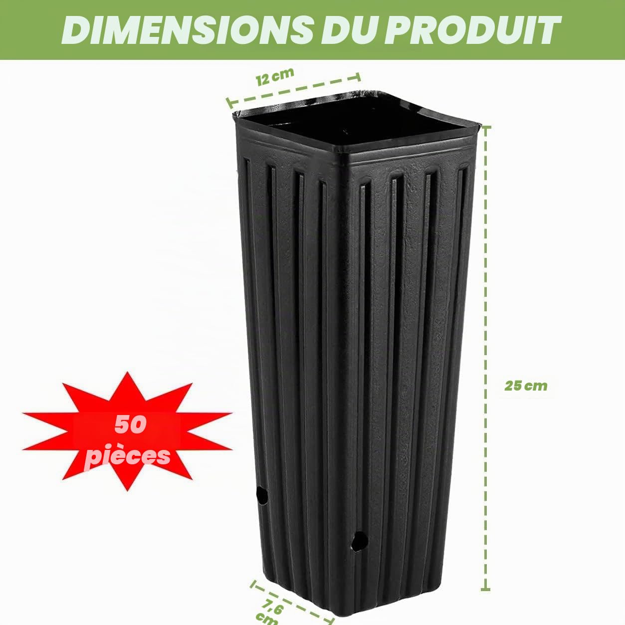 Lot de 50 grands pots d'arbre profonds en plastique avec trous de drainage pour intérieur et extérieur - 24,9 x 12 cm (H x l)