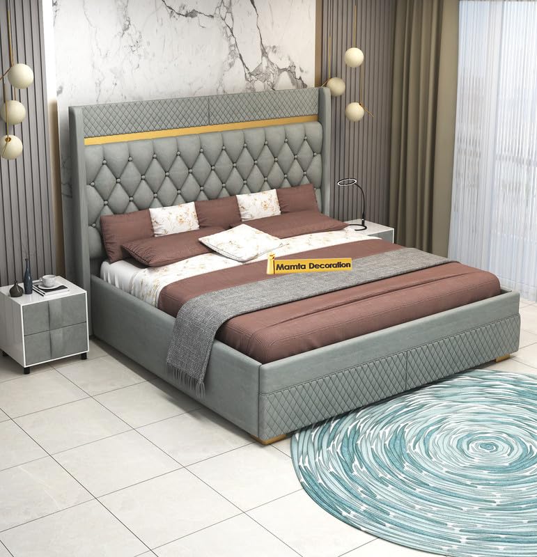 Image of MAMTA DECORATION Solid Wood Queen Size Bed with Box Storage | Premium Velvet Upholstered Tufted Headboard Palang Cot Bed | Modern Wooden Double Bed for Bedroom, Home, Hotel & Guest Room | Grey Finish