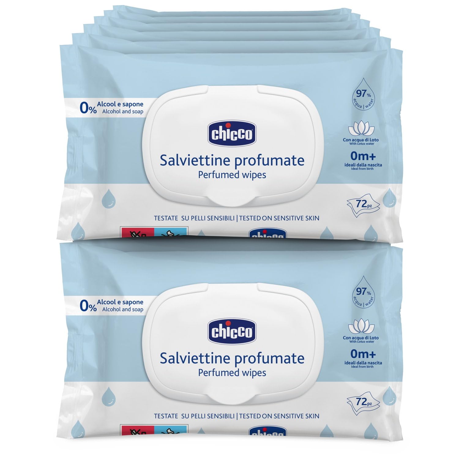 Chicco Toallitas Multiuso Para Bebés Con Clip - Sin Alcohol, Perfumadas, Adecuadas Para Pieles Sensibles - Megapack de 864 Unidades, 12 Paquetes de 72 Cada Uno