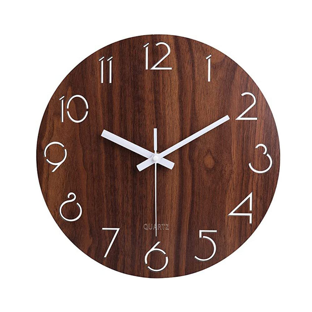 DOTBUY-SHOP Reloj de Pared Grande Salon Silencioso 30cm,Reloj de Pared Redondo Moderno de Madera Reloj Pared Decorativos para Habitaciones, Cocina, Dormitorio (30cm,Marrón)