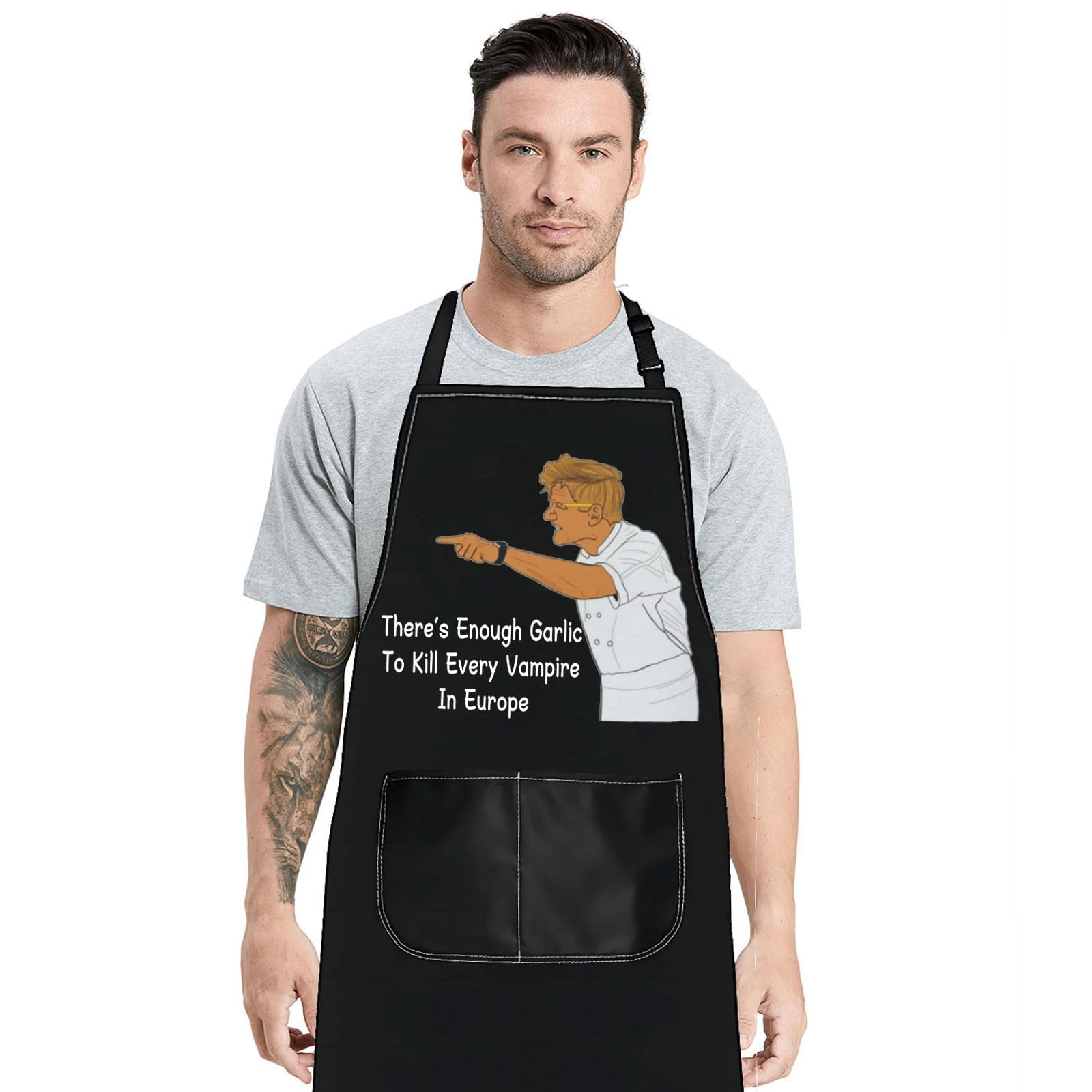 MYSOMY Chef Ramsay Kitchen Apron Cooking TV Show Inspired Gift There's Enough Garlic To Kill Every Vampire In Europe Chef Ramsay Fans Gift (There's enough garlic to kill every vampire in Europe)