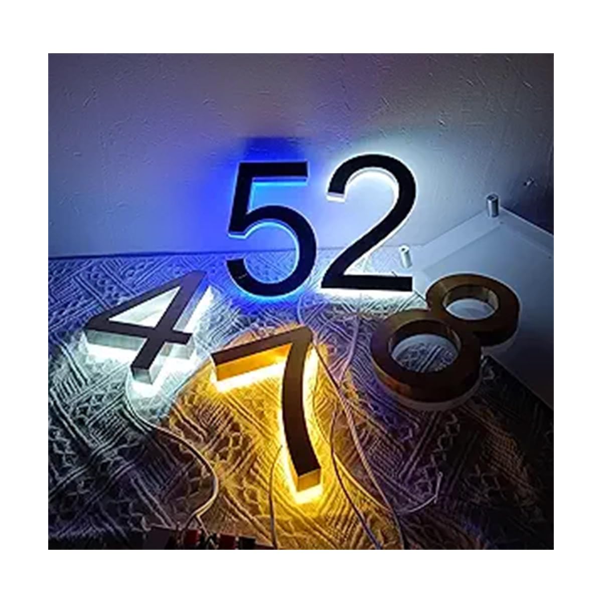 Metal 3D LED House Number Signs, Outdoor Waterproof Illuminated Home Hotel Door Signs Stainless Steel Illuminated Letter Sign Address Sign Plaque (8", Warm White)