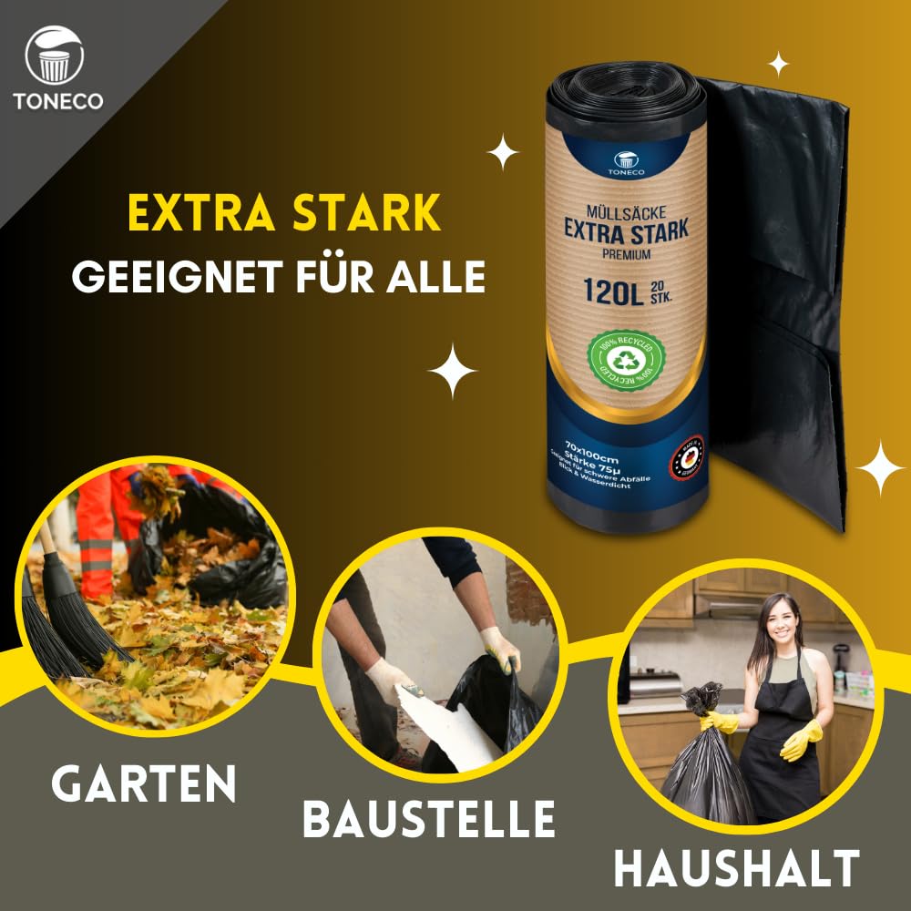 TONECO Profi Müllsäcke 120L EXTRA STARK 70μ - 600 Stück auf 30 Rollen -100% Recycelt - (20 bis 600 Säcke wählbar) - Rollengewicht 1,8 kg - XXL Mülltüten (600)