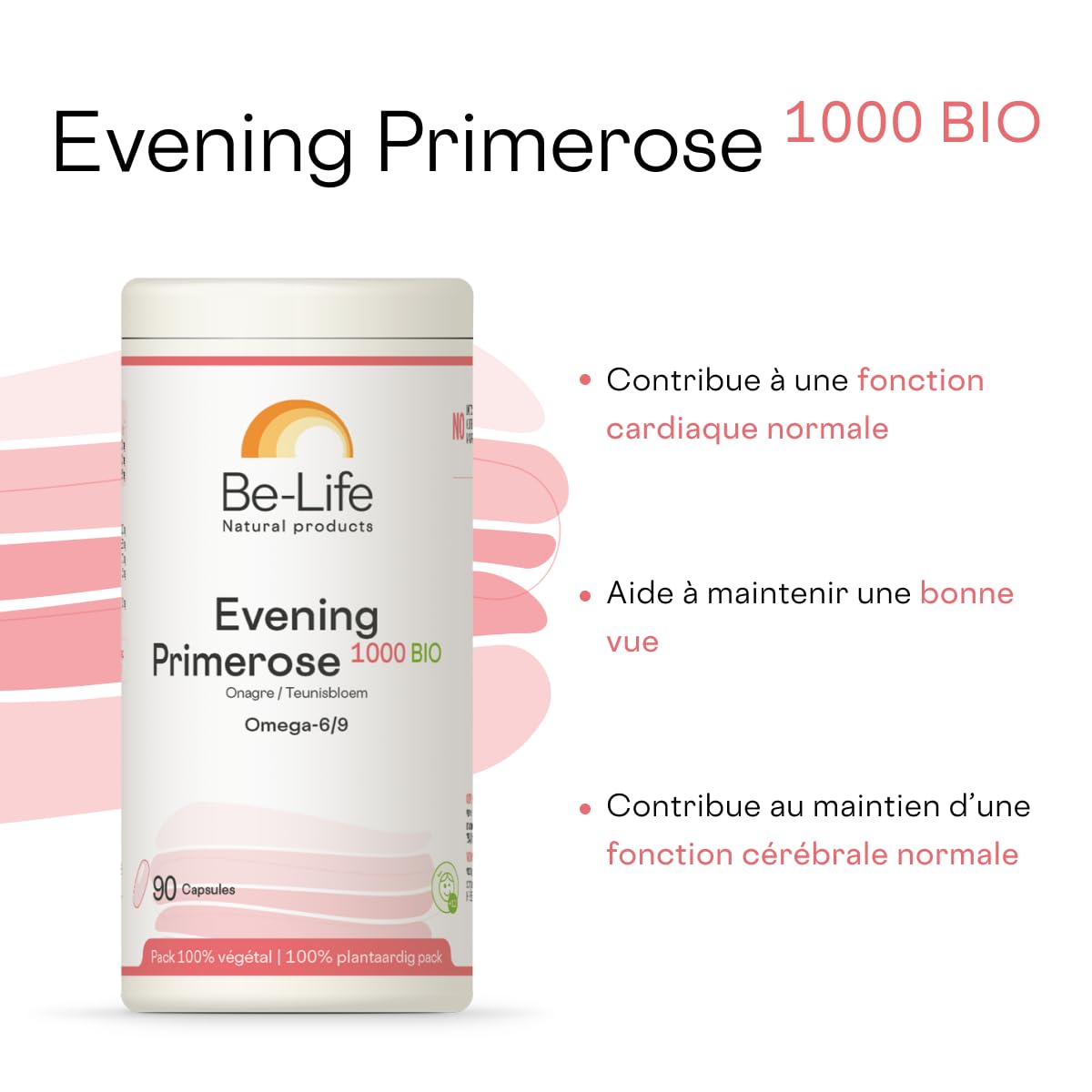 BE-LIFE| EVENING PRIMEROSE 1000 | Complément alimentaire | Santé de la peau | Maintien de l'équilibre hormonal chez la femme | Peau saine |90 Capsules