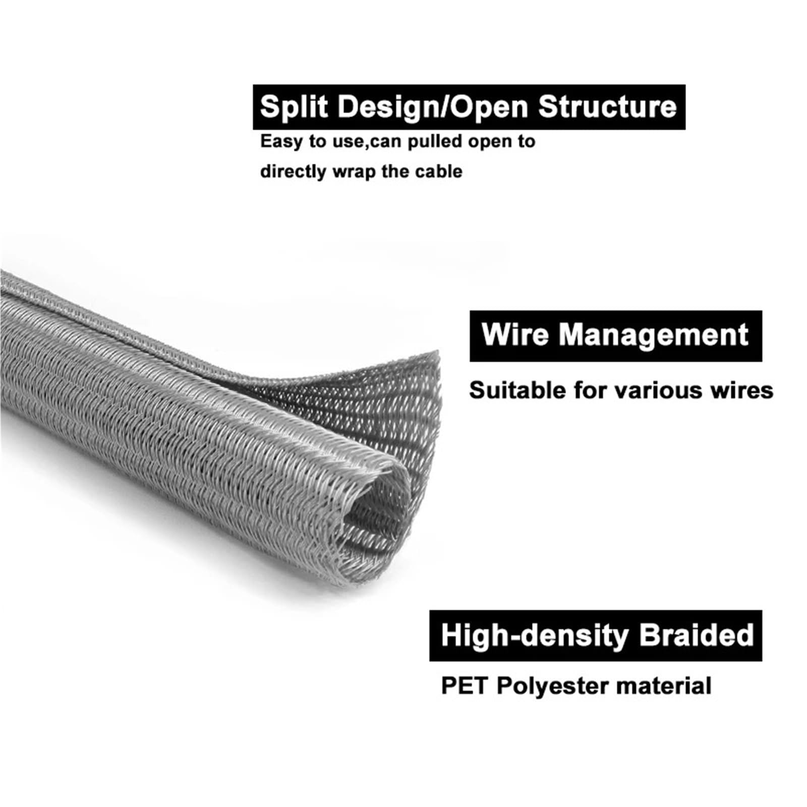 Organizador de Cables Funda de Cable Trenzada Pet Gris 3/5/8/10/13/16/19/25mm Autocerrada con Aislamiento Organizador Cables Cubierta de Gestión de Cables(13.0mm,30 Meters)