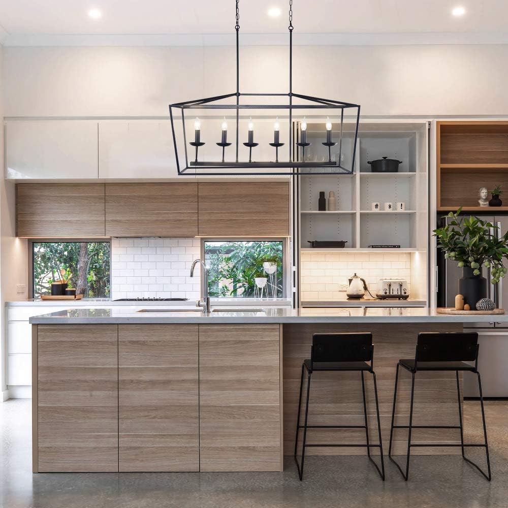 OYIPRO Kitchen Island Rectangular Lighting, 6 Lights Farmhouse Chandelier Industrial Island Pendant Hanging Modern Light Fixture for Dining Room Pendant Light Black - - 