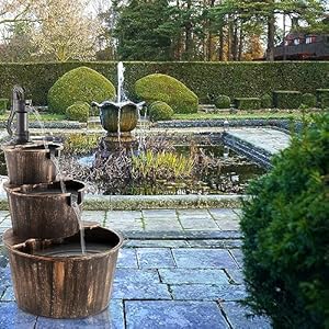 Yi 40 inch 3 tier barrel waterfall fountain outdoor water fountains barrel wood 3 tier freestanding rustic pump for garden patio backyard porc  urban country home decor