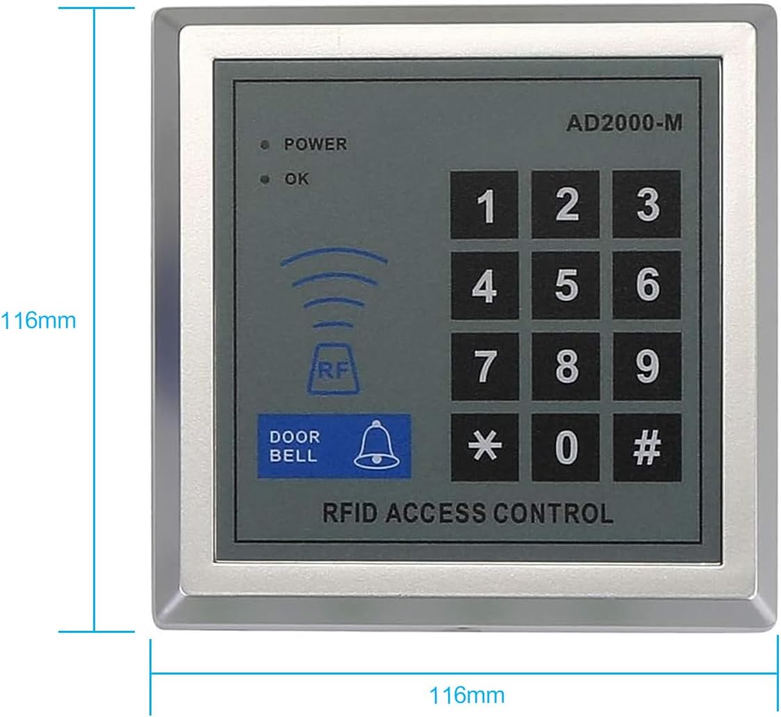 Dimensions of the AGPTEK RFID Access Control Keypad (AD2000-M), showing 116mm x 116mm.