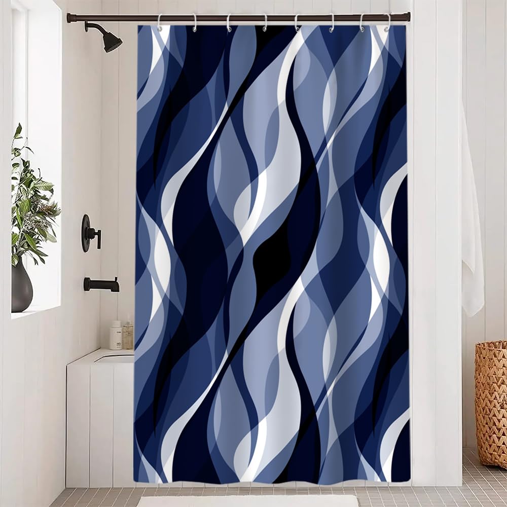 Uiiooazy Cortina de ducha azul marino, cortina de ducha abstracta patrón geométrico a rayas rayas cortina de ducha antimoho impermeable tela de poliéster cortina de baño con 8 ganchos para baño 120 x