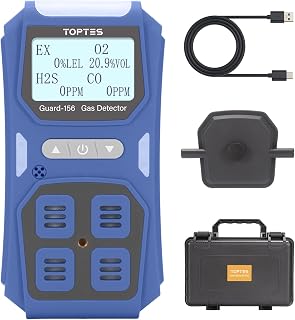 TopTes Guard-156 Detector 4 en 1 para H2S, CO, LEL y O2, Triple Alarma (Visual, vibración, Sonido), Respuesta rápida 0,5 s, diseño Antipolvo para Seguridad en Trabajo y hogar