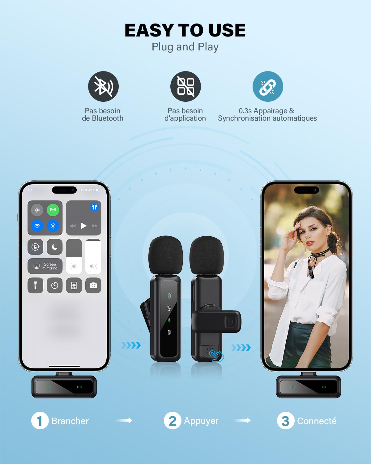 Microphone de Lavalier sans fil pour iPhone, iPad, appareils Android - Mini microphone à pince avec suppression du bruit, appairage automatique, sourdine et réverbération, idéal pour le Vlogging