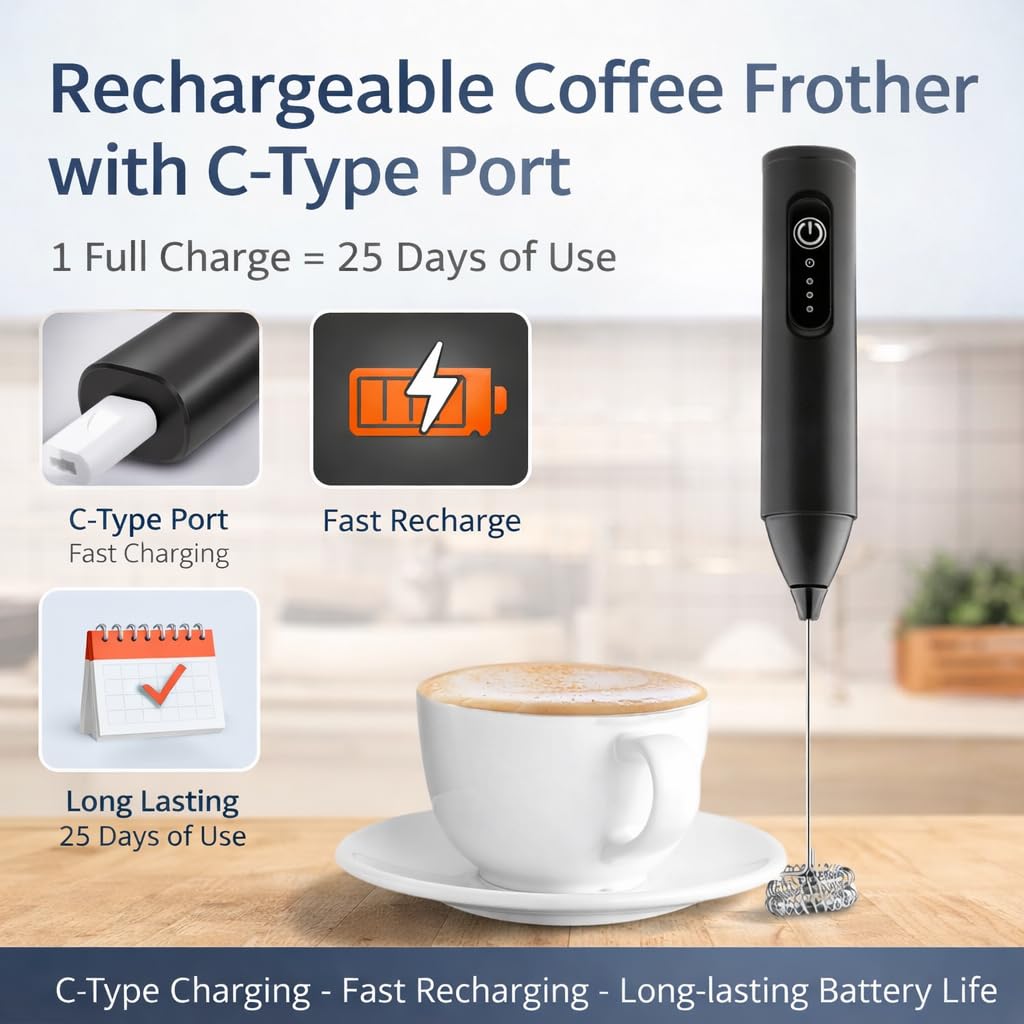 Electric Milk Frother Handheld,USB Rechargeable Coffee Frother Wand with 3 Speed Settings,Stainless Steel Whisk, Fast Recharge,Type-C Charging,for Coffee,Cappuccino,Latte,Matcha,Protein Shake(asorted) 1